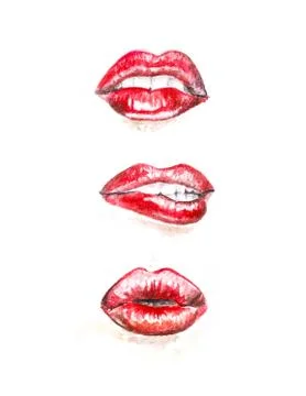 Bright red lips. Hand-drawn. A watercolor drawing. Close up. Isolated on whit Stock Illustration