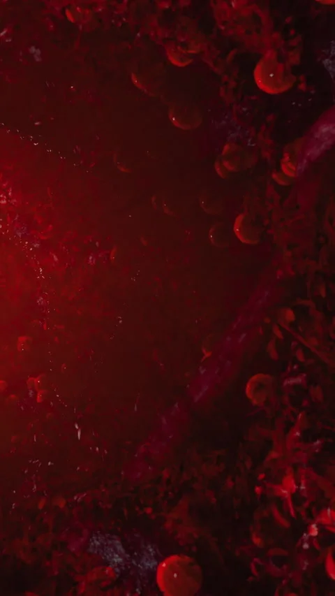 Bright red liquid flows in a dark space with many round shapes Stock Footage 332212161
