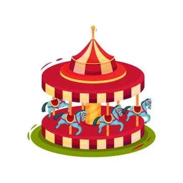 Bright red merry-go-round with blue horses. Children carousel. Amusement park Stock Illustration