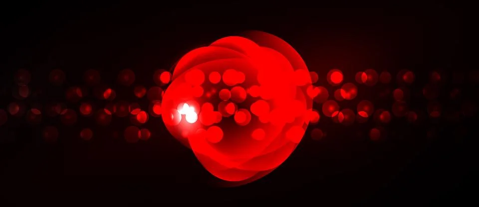 Bright red orb dominates dark background. Numerous smaller glowing circles 스톡 일러스트