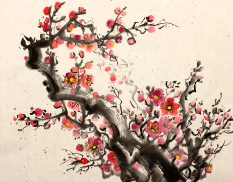 Bright red plum branch Illustrazione stock