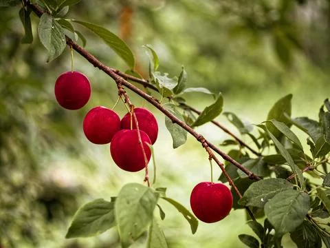 Bright red plums dangle from a tree amidst lush green leaves Stock Photos