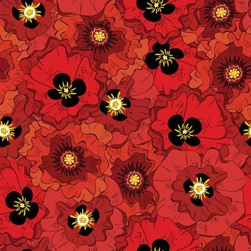 Bright red poppies seamless vector pattern background Stock Illustration