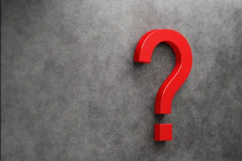 Bright red question mark on a dark background. 3d render. Stock Illustration
