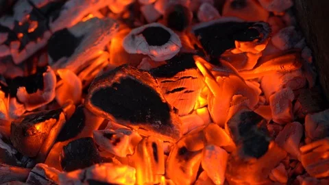 Bright red shiny texture of burned wood charcoal in grill stove Stock Footage 128109583