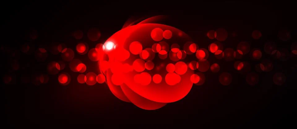 Bright red sphere dominates dark background. Numerous smaller glowing circles Stock Illustration