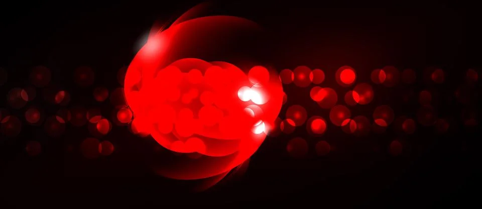 Bright red sphere dominates dark background. Numerous blurred circles create Stock Illustration