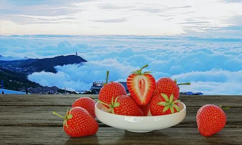 Bright red strawberries in white ceramic cup Place it on the floor of a woo.. Stock Illustration