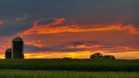 Bright Red Sunset over Corn Field with Silos Stock Photos