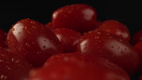 Bright red tomatoes are covered with drops of water. Lots of tomatoes from the Stock Footage 164383365