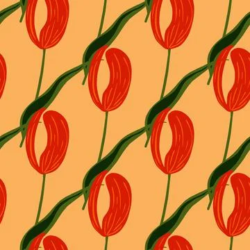 Bright red tulip flower elements seamless doodle pattern. Light orange pastel Stock Illustration