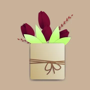 Bright red tulips in a square pot with a rope and a tiny bow. There are sprin 스톡 일러스트