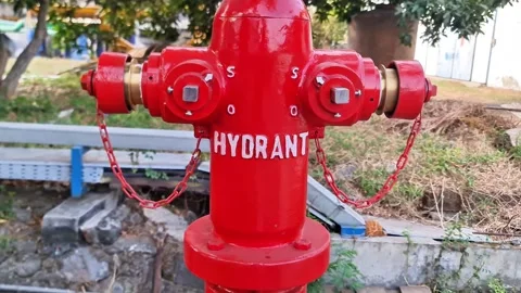 Bright Red Two-Way Fire Hydrant Pillar Outdoors for Emergency Water Supply Stock Footage 347162598