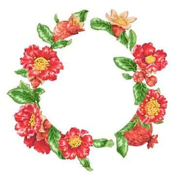 Bright red vector frames with big pomegranate flowers and fruits on the branc Stock Illustration