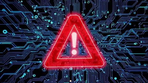 Bright red warning symbol appears on a backdrop of digital circuitry, signaling Stock Footage 297460232