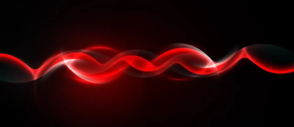 Bright red waves flow across black background. Dynamic light creates smooth, Stock Illustration
