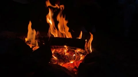 Bright red-yellow fire, burning wood and coals Stock Footage 136267671