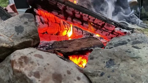 Bright red-yellow fire, burning wood and coals Stock Footage 136271187