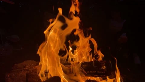 Bright red-yellow fire, burning wood and coals Stock Footage 136271303