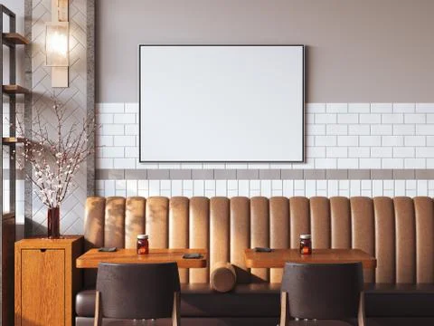 Bright restaurant interior with blank canvas. 3d rendering Ilustración de archivo