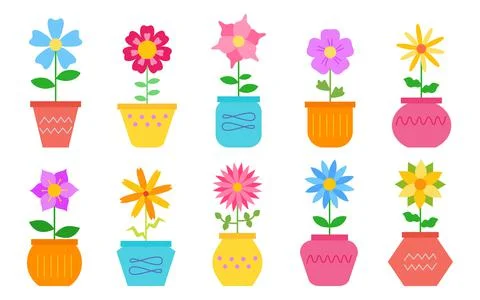 Bright retro colored flat vector flowers in pots Stock Illustration