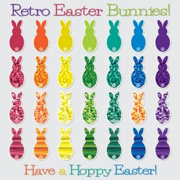 Bright retro Happy Easter Bunny set in vector format. Stock Illustration