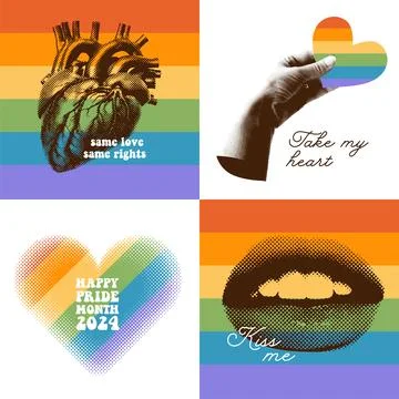 Bright retro set of Pride month posters or cards with rainbow halftone body part Stock Illustration