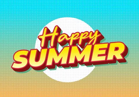 Bright retro typographic banner with 3d yellow red text happy summer on blu.. Stock Illustration