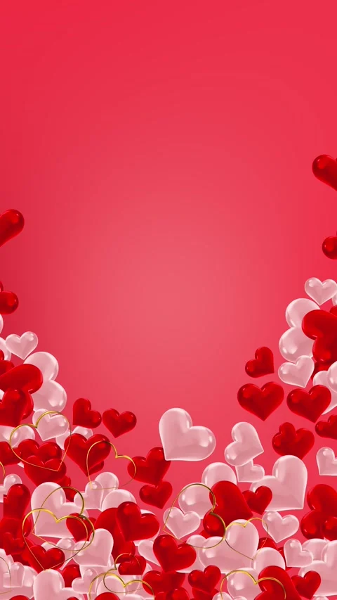 Bright romantic heart frame visual red and pink inflated hearts, thin golden out Stock Footage 340469927