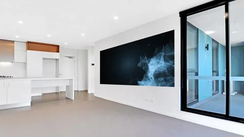 Bright room with an abstract, interactive screen, mockup Stock Footage 297188844