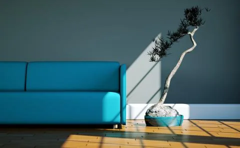 Bright room with blue sofa in front of a window Stock Illustration