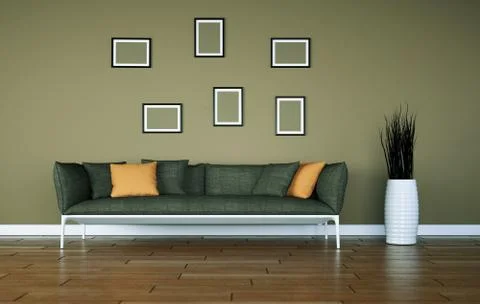 Bright room with grey sofa in front of a brown wall Stock Illustration