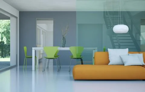 Bright room with orange sofa in front of a grey wall Stock Illustration