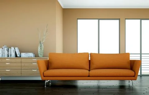 Bright room with orange sofa in front of a brown wall Stock Illustration
