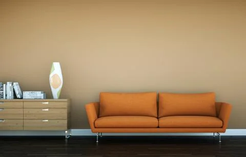 Bright room with orange sofa in front of a brown wall Stock Illustration