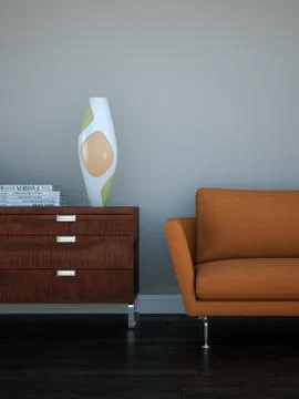 Bright room with orange sofa in front of a brown wall Stock Illustration