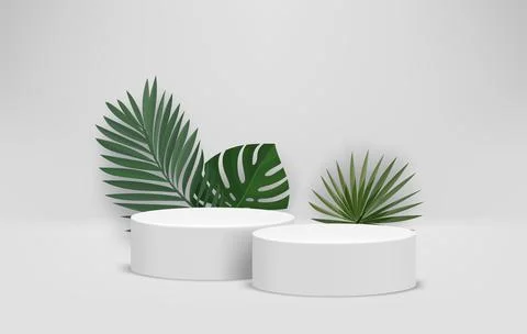 Bright room with podium and green leaves. Eco friendly product showcase tem.. Ilustração Stock