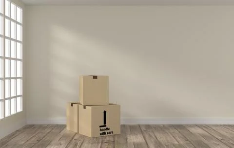 Bright room with three cardboard boxes, moving or new home concept, 3d rendering Ilustración de archivo