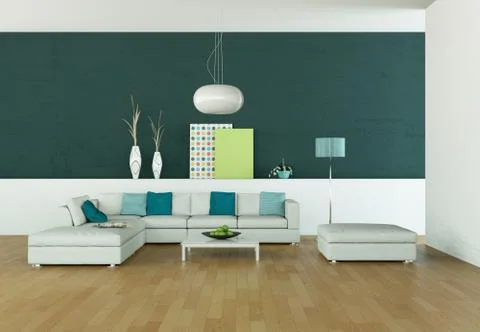 Bright room with white sofa in front of a green wall Stock Illustration