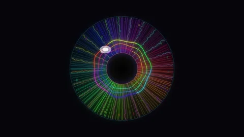 Bright round graphic with lines and colors on a dark background Stock Footage 337926228