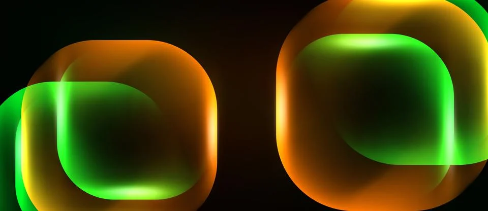Bright rounded squares overlap. Vivid green, orange hues create glowing effec 库存插图