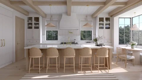 Bright Scandinavian Kitchen and Dining Room with Natural Light Video Stock Footage 333818723