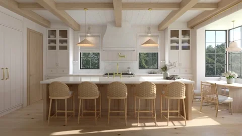 Bright Scandinavian Kitchen Interior with Natural Light and Wooden Design Stock Footage 334275080