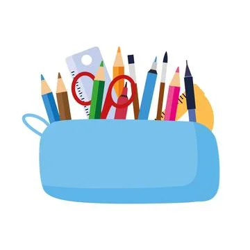 A bright school pencil case filled with school stationery, such as pens, pencils Stock Illustration