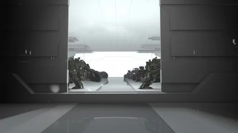 Bright Sci Fi Robots, tanks, Spaceships, Cryo Freeze Room Stock Footage 116983832