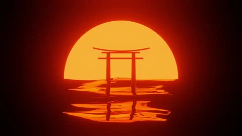 Bright sea sunset overlooking the torii gate Stock Footage 163539146