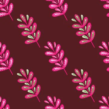 Bright seamless botanic pattern with pink leaf branches ornament. Maroon dark イラスト素材