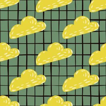 Bright seamless cartoon pattern with simple hand drawn yellow clouds silhouet Stock Illustration