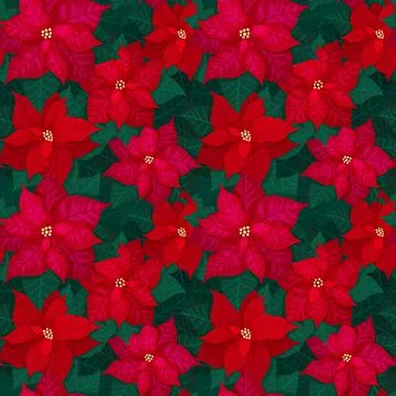 Bright seamless Christmas pattern with red poinsettia and green leaves. Festive Stock Illustration