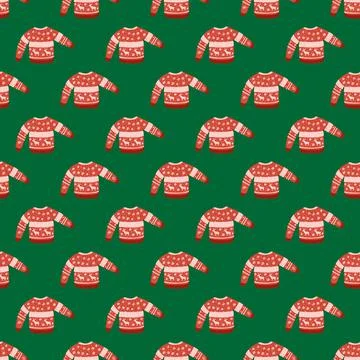 Bright seamless christmas pattern with warm sweater ornament. Red cozy clothe Stock Illustration